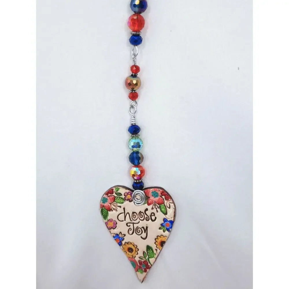 Artisan Ceramic Heart Beaded Suncatcher Vibrant Colorful Crystals Diffuser NEW